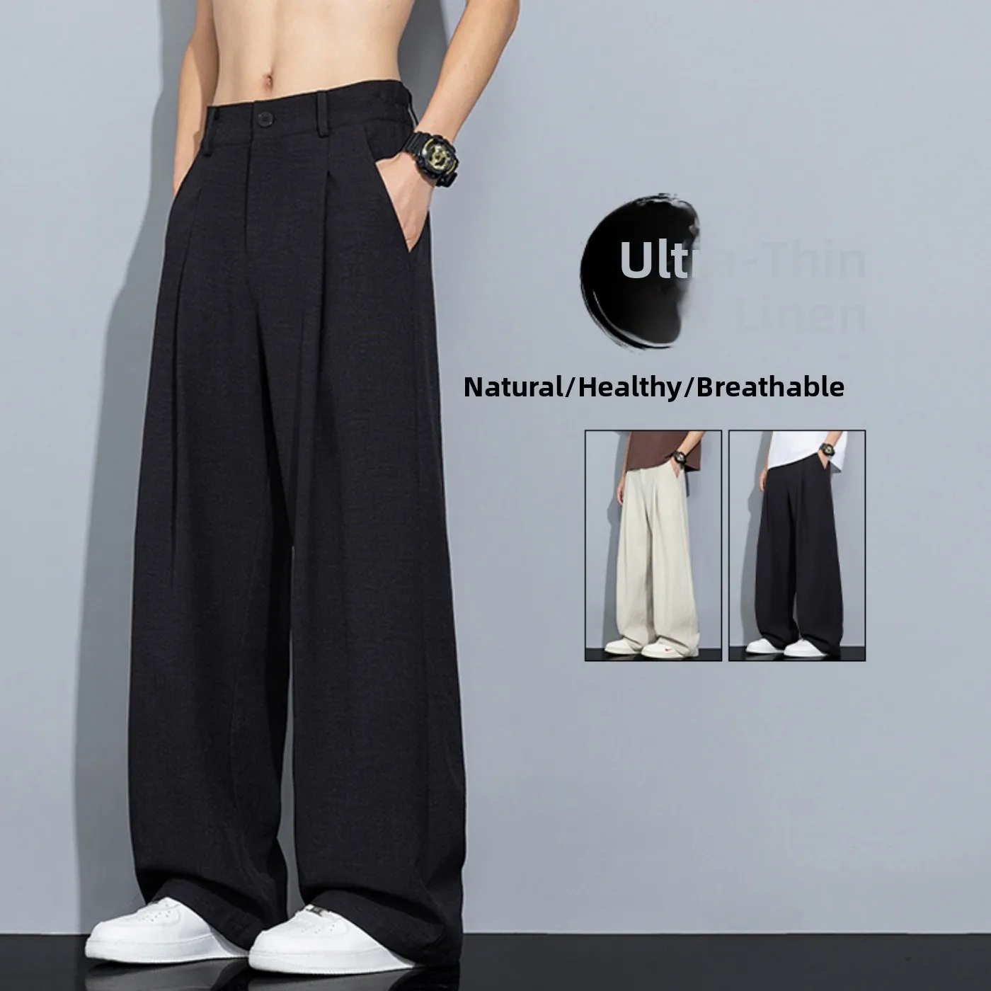 

Loose Straight Leg Men's Casual Pants Draped Wide Leg Simulation Linen Feel Comfortable Faionable Ci Walk Suitable for Al...