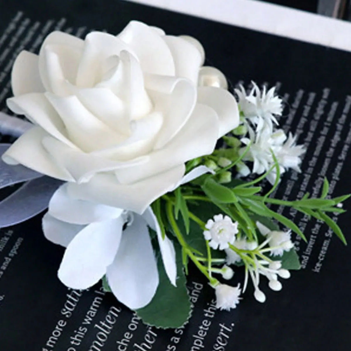 White Rose Wedding Groom's Boutonniere with Pearl and Green Leaf Artificial Floral Design, Groomsmen's Suit Lapel Flower, Wedding Party Accessory image 5