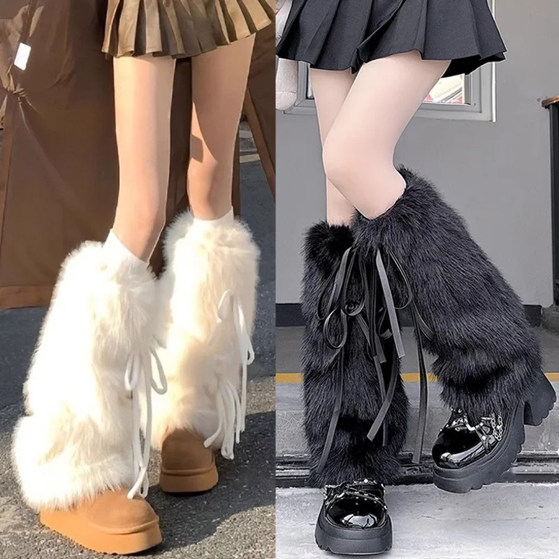 2026 النساء الشتاء الدافئة التمهيد الأصفاد أسود أبيض القهوة تدفئة الساق الشريط Bowknot فروي أفخم غطاء جورب طويل رشاقته أصفاد للأحذية عالية الرقبة