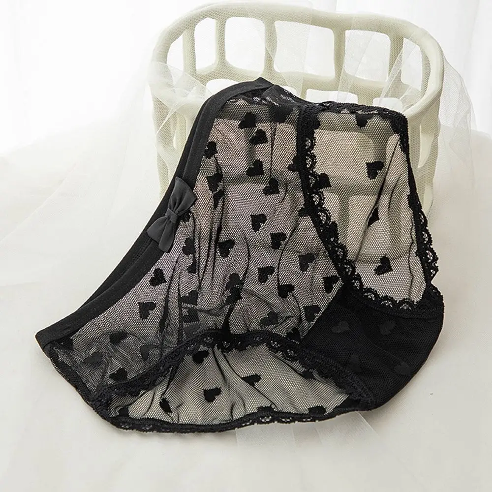

Breathable Sexy Mesh Mid Waist Girl Cotton Crotch Women Intimates Lace Printed Briefs Bow Panties Heart
