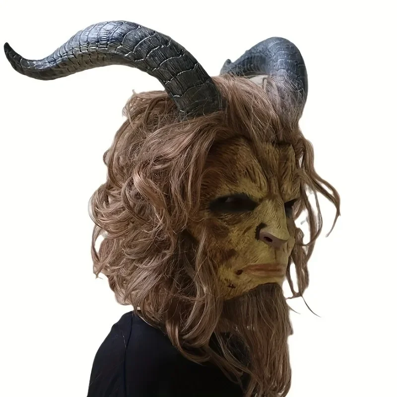 Mask Menacing Goat Headed Beast Headgear Realistic Halloween Cosplay for Parties Graduations Themed Events Long Blonde Wig