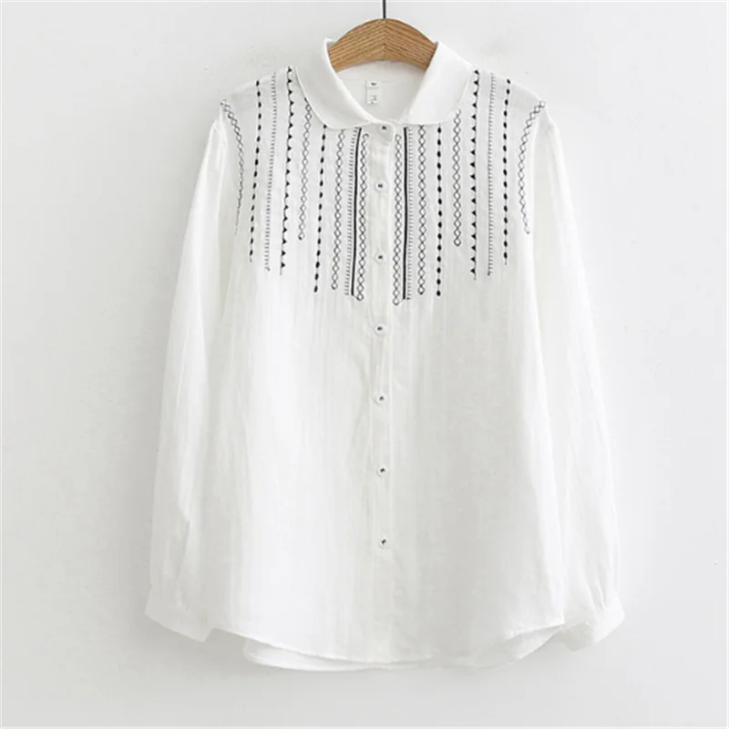 

2023 Literary And Art Small Fresh Embroidery Loose Double Layer Cotton Yarn White Shirt Female Long-Sleeved Student Top