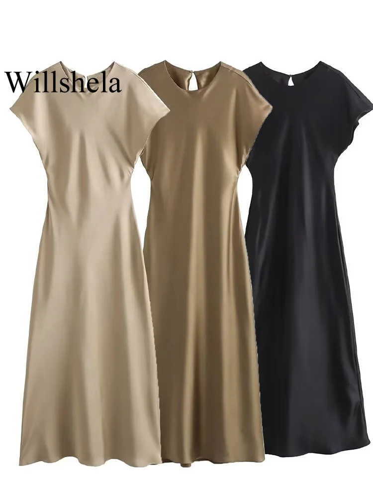 Willshela moda damska solidna plisowana sukienka Midi z wycięciem na plecach Vintage O-Neck krótkie rękawy kobiece eleganckie sukienki damskie