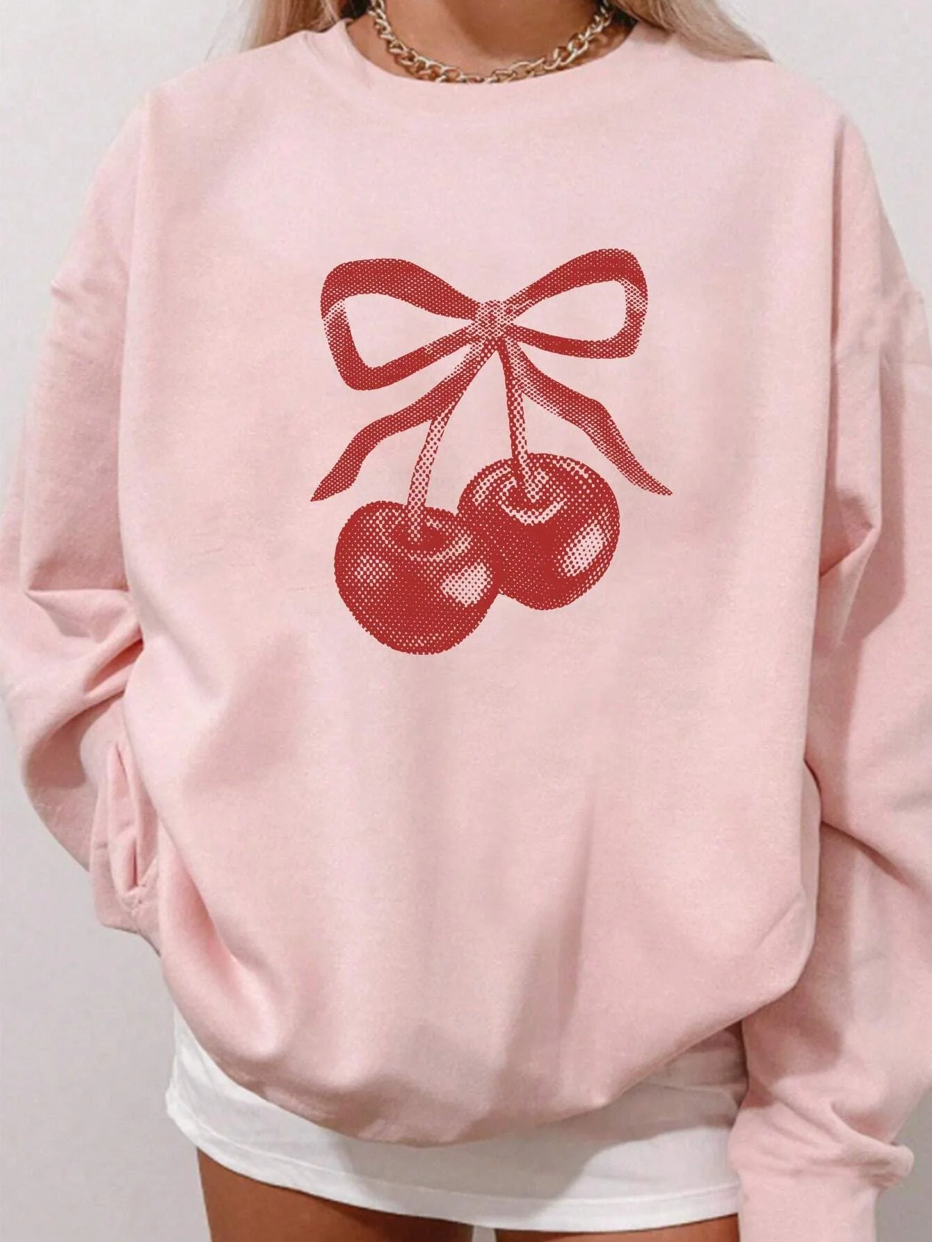 Bow-tie Cherry Print Women\'s Sweatshirts Graphic Oversized Hoodies Women Clothing Long Sleeve Casual Blouse Fashion 2024 New In