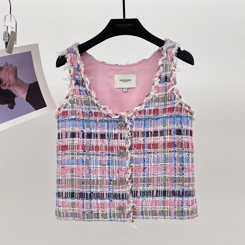 

Women New Pink Small Fragrance Woven Vest Sweet High Quality Fringed Lace U-neck Tweed Sleeveless Vest Coat