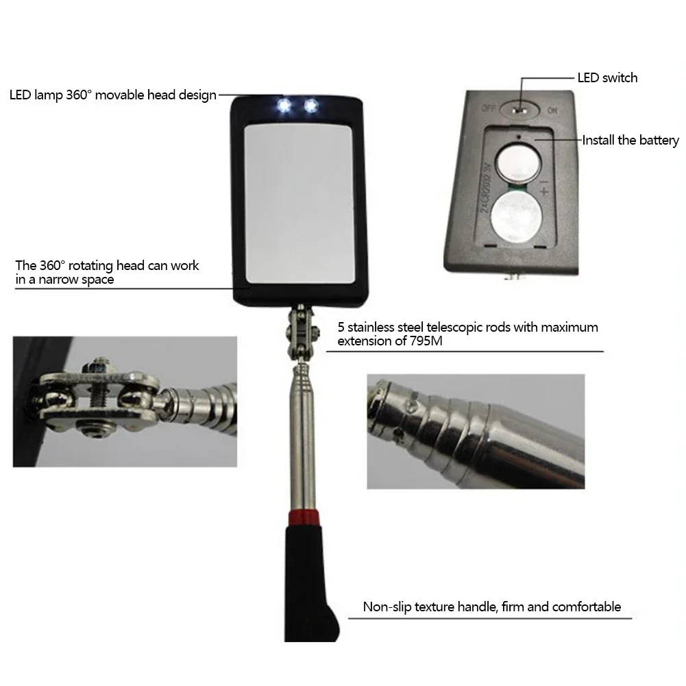 360° Inspection Mirror LED Light Telescoping Mirrors Extend Mechanic Tools Inspection Mirror Telescopic Handle Repairing Tools