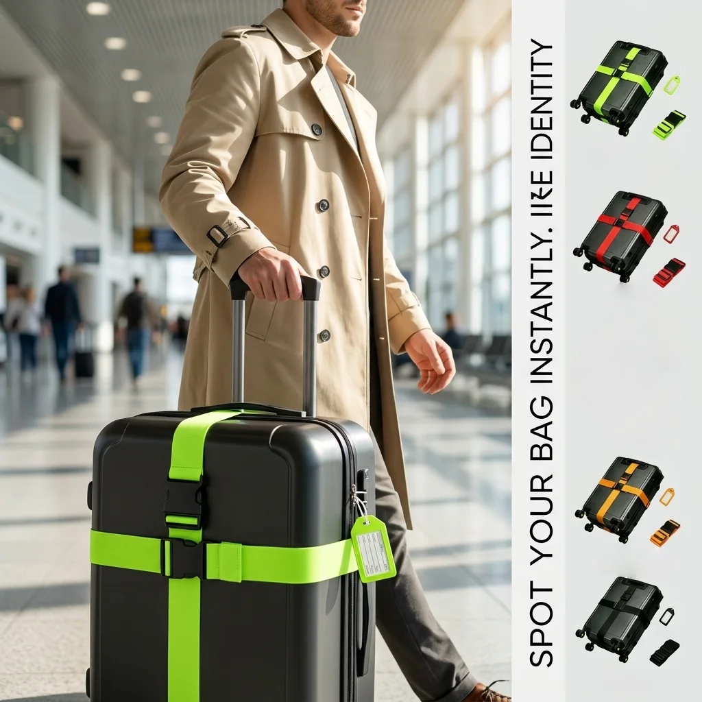 2-piece set - (1 luggage strap 1.65m, 1 luggage tag) 4-color bright luggage straps and luggage cords, suitable for suitcases, handbags, travel luggage reinforcement accessories, quick luggage identification, a great Christmas gift for the family