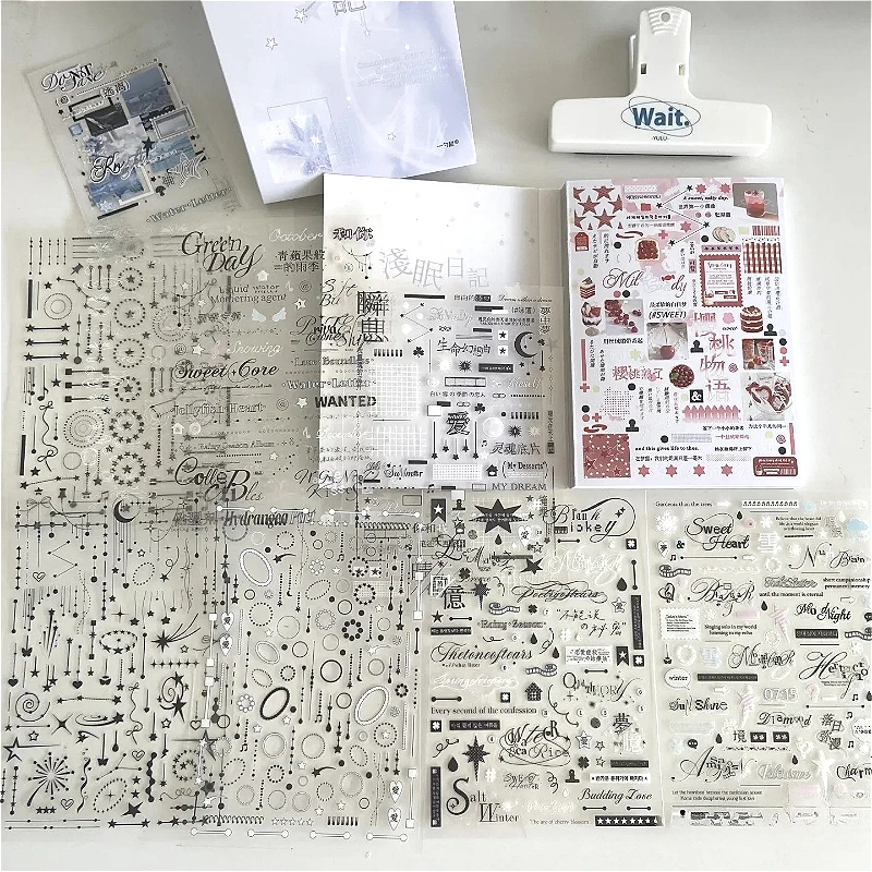8Pcs Kawaii Black White Stickers PET Y2K Junk Journal Decorative Material Sticker For Scrapbooking Diary Sticker Stationery view 4