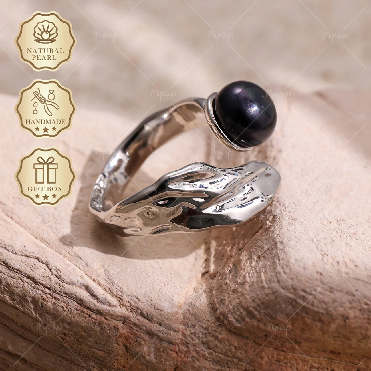 

MYSOYA 8-9mm Black Freshwater Pearl Open Ring Silver Wing Ring, Gift Box, Birthday & Mother's Day Jewelry S364