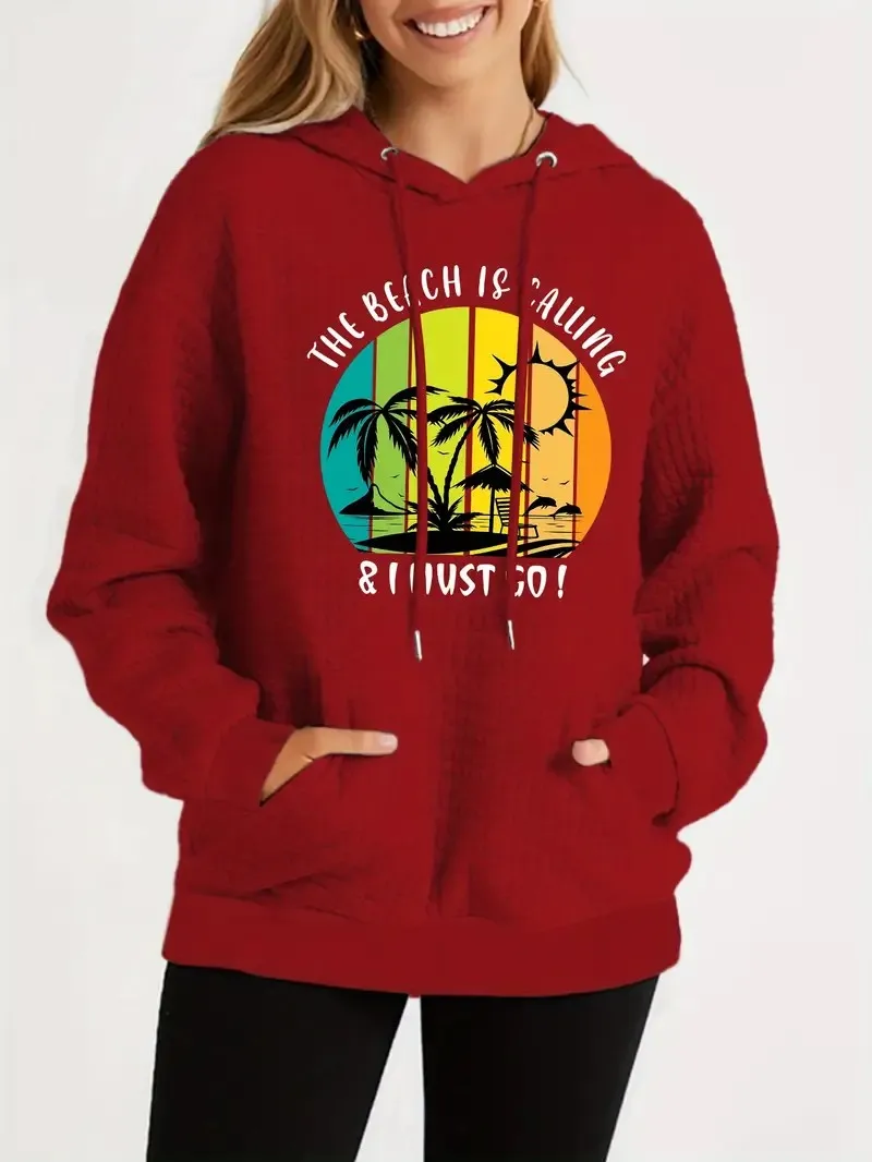 Women's Plus Size Cozy Waffle Hoodie The Beach is Calling Tropical Graphic with Palm Trees And Sunset, Winter Comfort Clothing