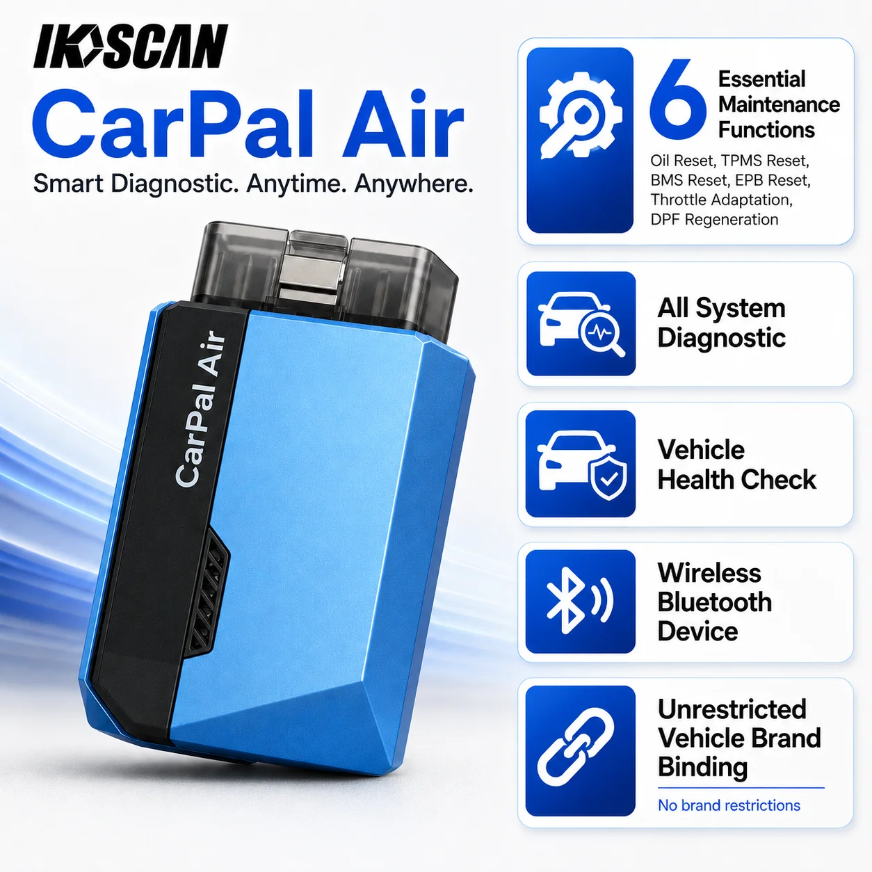 IKOSCAN CarPal Air Bluetooth OBD2 Diagnostic Scanner, Full System Code Reader for iOS & Android, Professional Car Health Check Tool