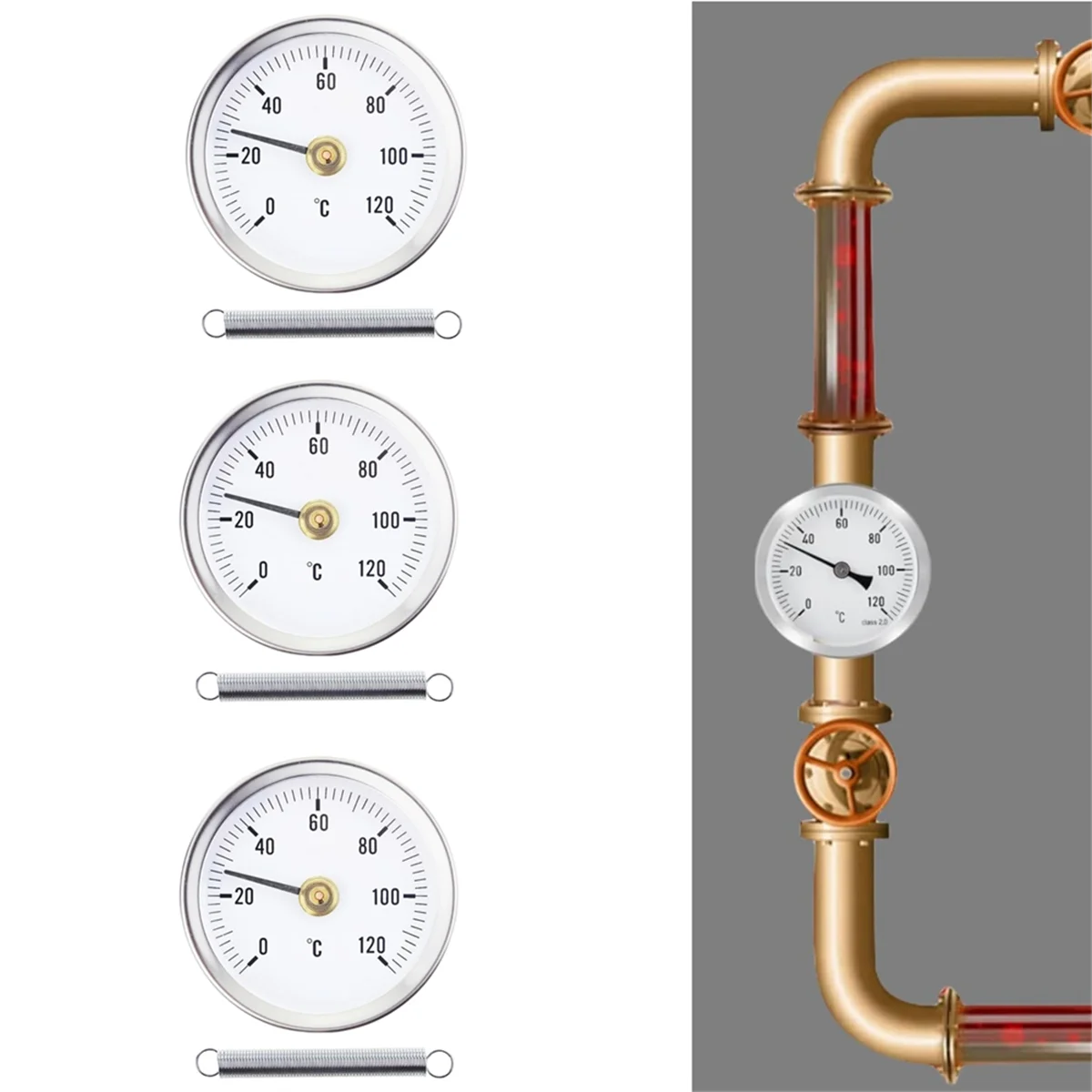 3pcs Stainless Steel Contact Pipe Thermometer for Accurate Hot Water Pipe Temperature Monitoring 63mm Bimetal