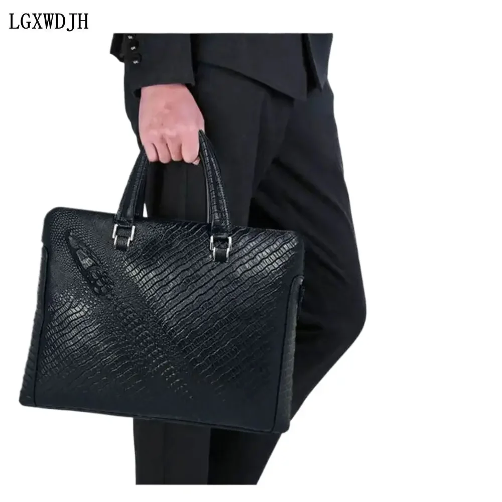 Bolsa masculina inteligente com desbloqueio por impressão digital, bolsa de couro em relevo de crocodilo, pasta de negócios de primeira camada,
