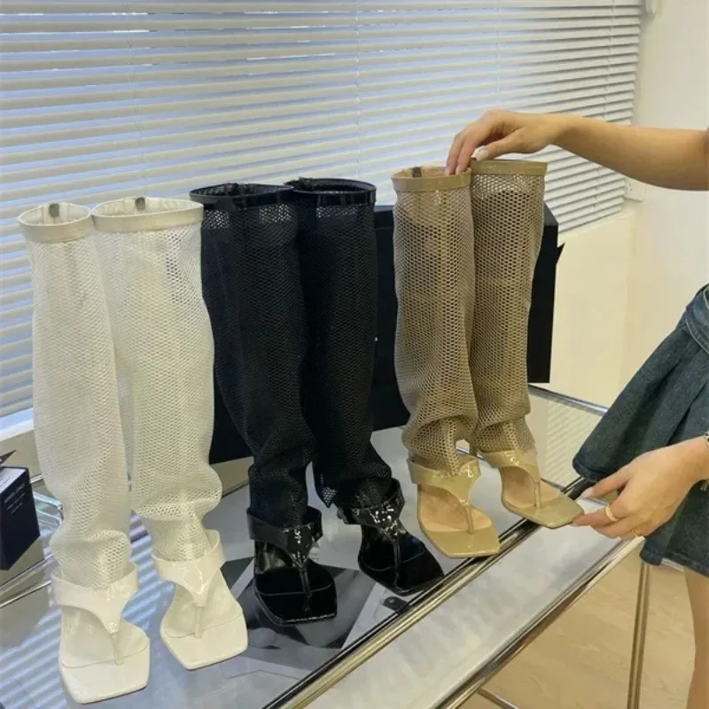 Primavera otoño nuevas mujeres de malla transpirable pantalones botas versátil parte inferior gruesa hueco malla tubo largo Clip
