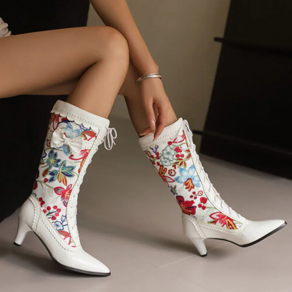 BONJOMARISA Floral Retro Butterfly Knot Ankle Boots Pointed Toe Thin High Heel Lace-up Big Size 35-48 Shoes Elegant Mid Boots