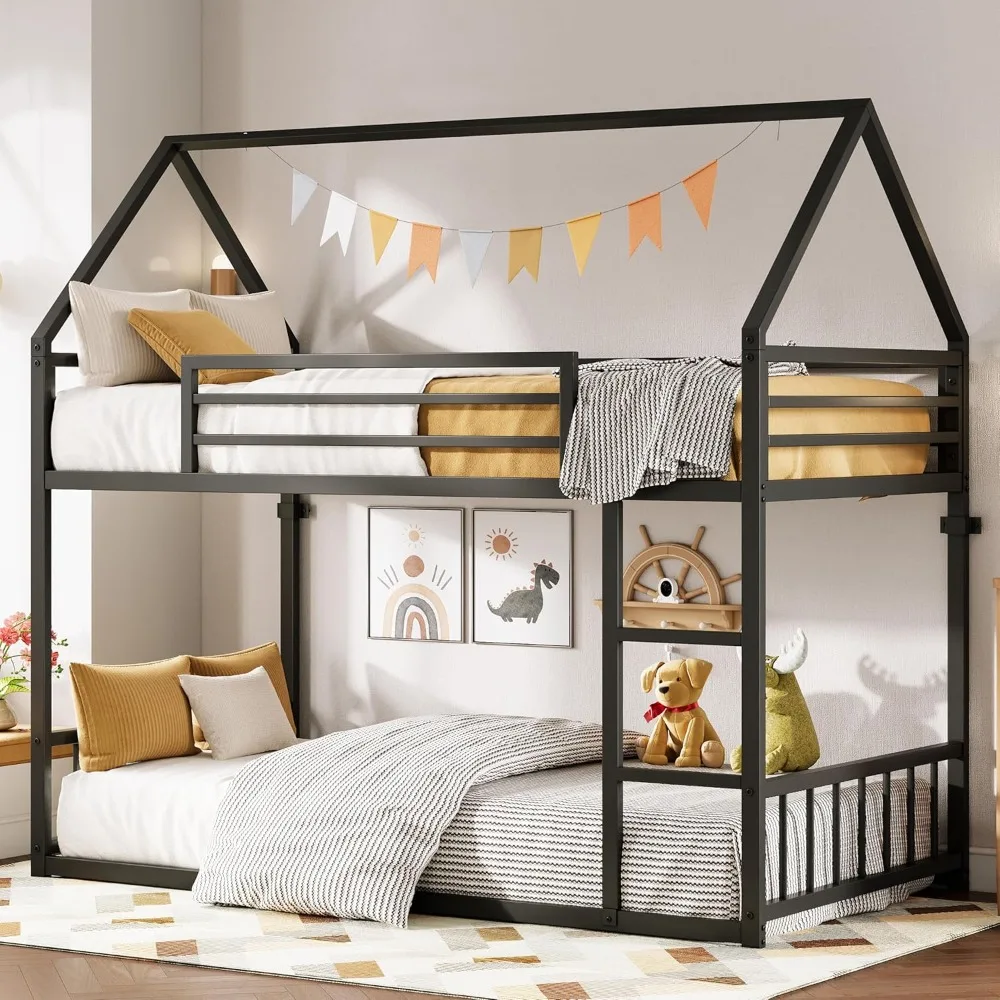 

Двухъярусная металлическая кровать Twin XL с лестницей, защитным бортиком и ламелями в форме домика, без пружинного блока, экономия места для спальни и общежития