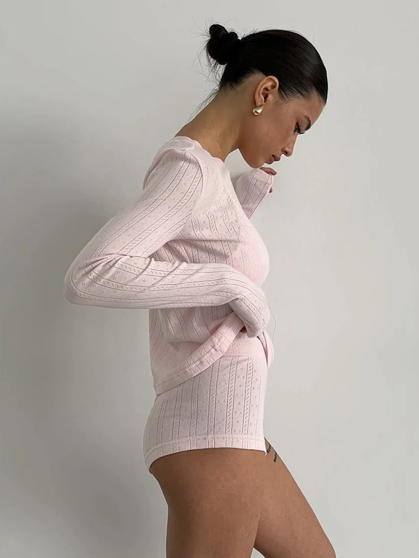 Marthaqiqi ملابس نوم فضفاضة للسيدات مكونة من قطعتين قمصان نوم برقبة دائرية وأكمام طويلة ملابس نوم قصيرة ملابس منزلية محبوكة غير رسمية للسيدات