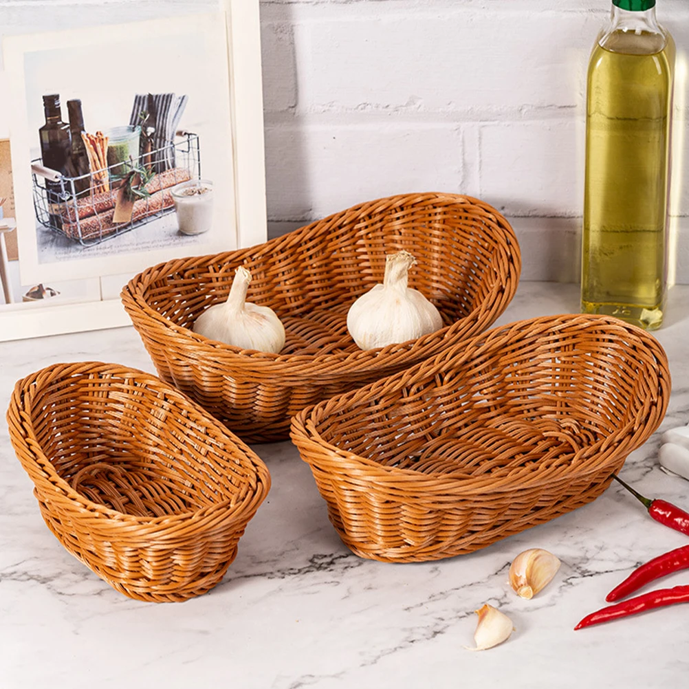 

3pcs Plastic Rattan Woven Basket Ample Space Storage For Fruits Bread Snacks Kitchen Food Basket Empty Baskets To Fill Oval