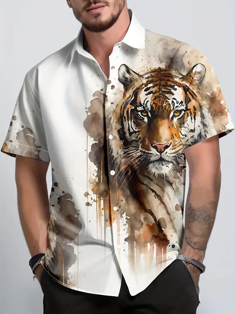 Chemise boutonnée à manches courtes pour hommes, chemise d'été imprimée tigre de la bête, à la mode, de haute qualité