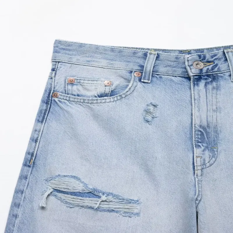 

Summer 2025 Women's Faion Design Hole Decoration Mid-Waist Jeans orts New Arrival l Waist Six-Part Pants