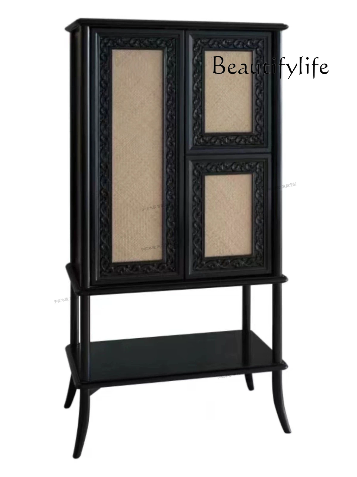 

Japanese Rattan Carved Vintage Solid Wood Display Locker French Classical Hallway Tall Wine Cabinet