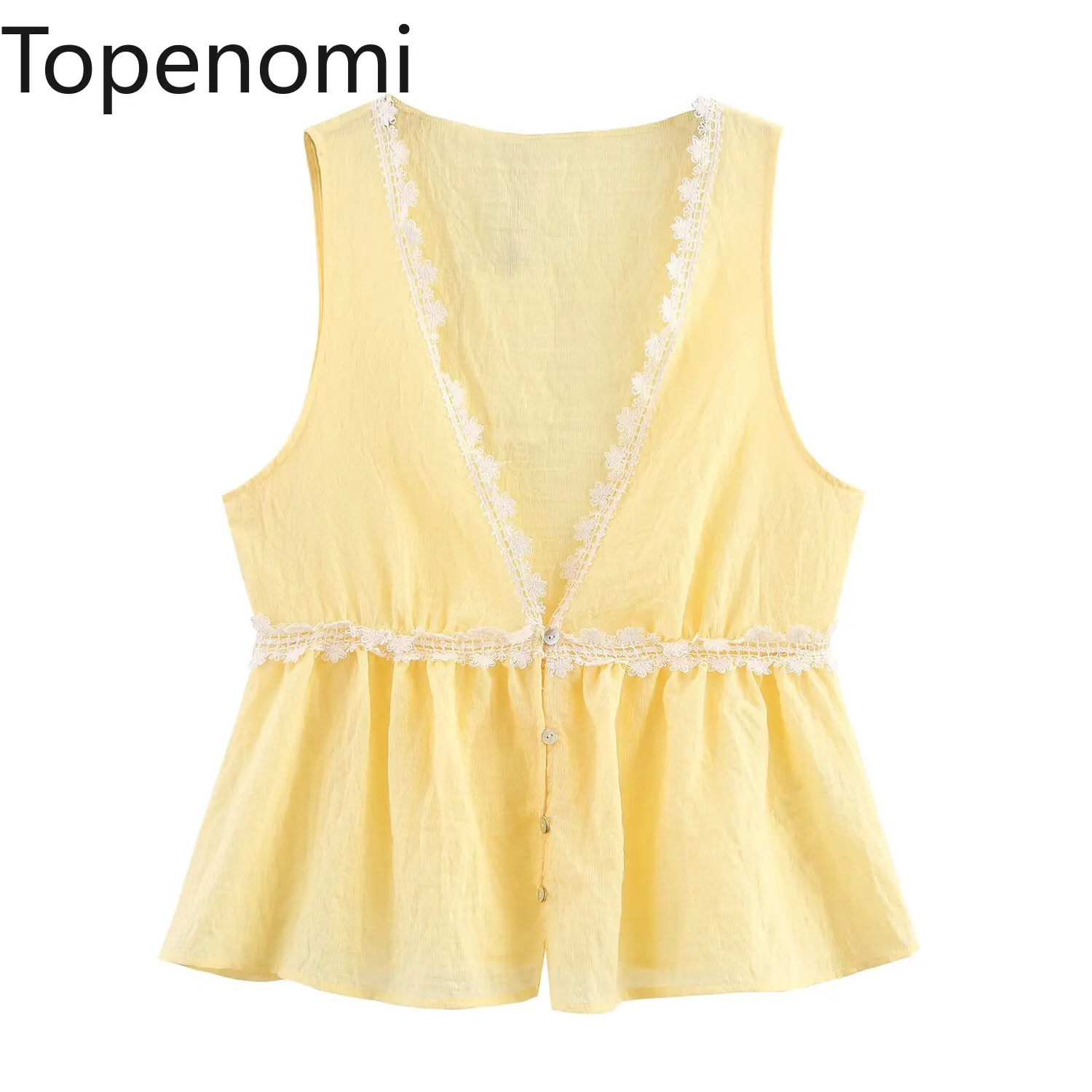 

Kimotimo Yellow Lace Splicing V Neck Tank Top Women 2025 Summer Sweet Slim Fit Sleeveless Shirt Japanese Casual Camisole Vest