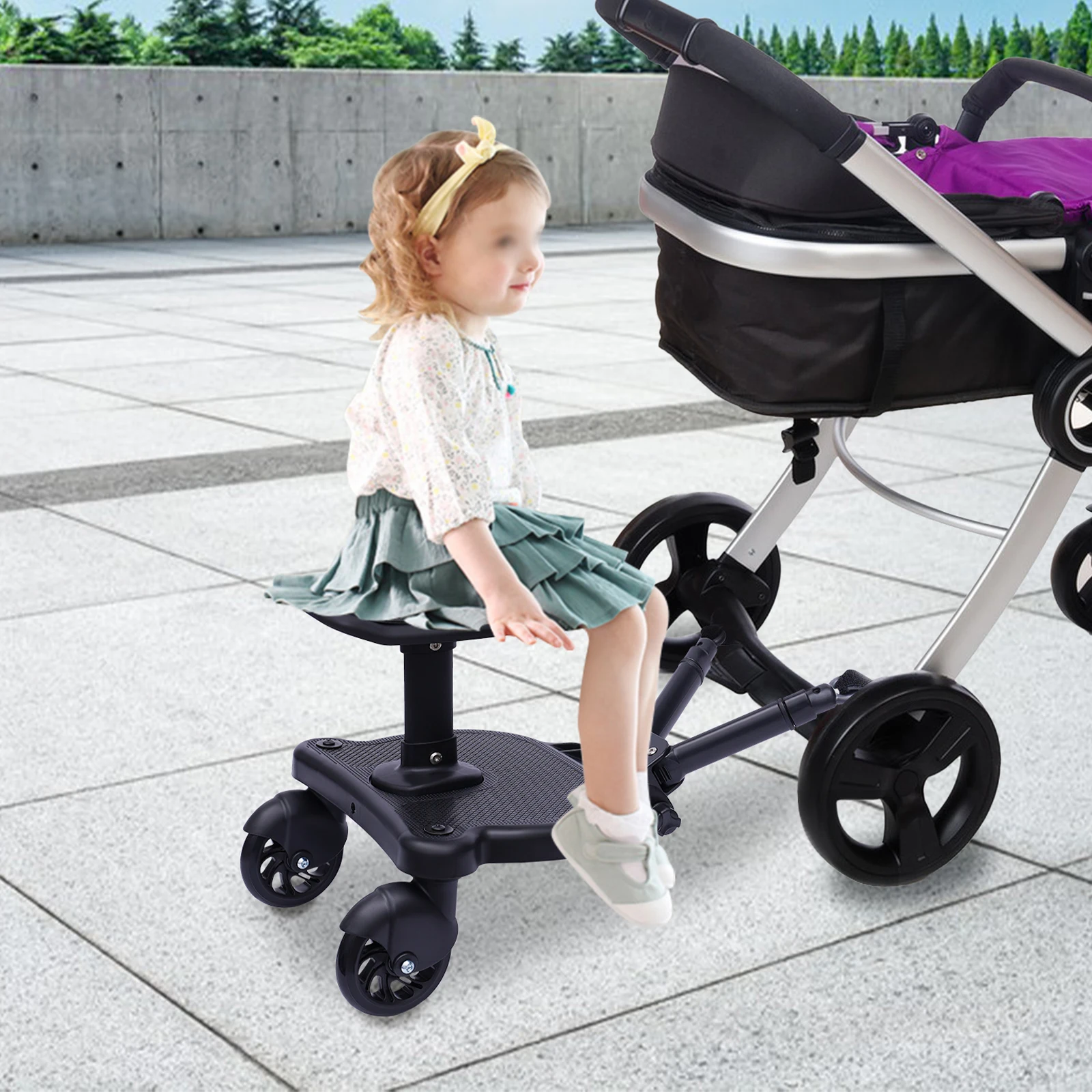 Universal Baby Stroller Ride Board w/Detachable Seat  2 in 1 Stroller Glider Board Wheeled Ride Board Seat Pedal