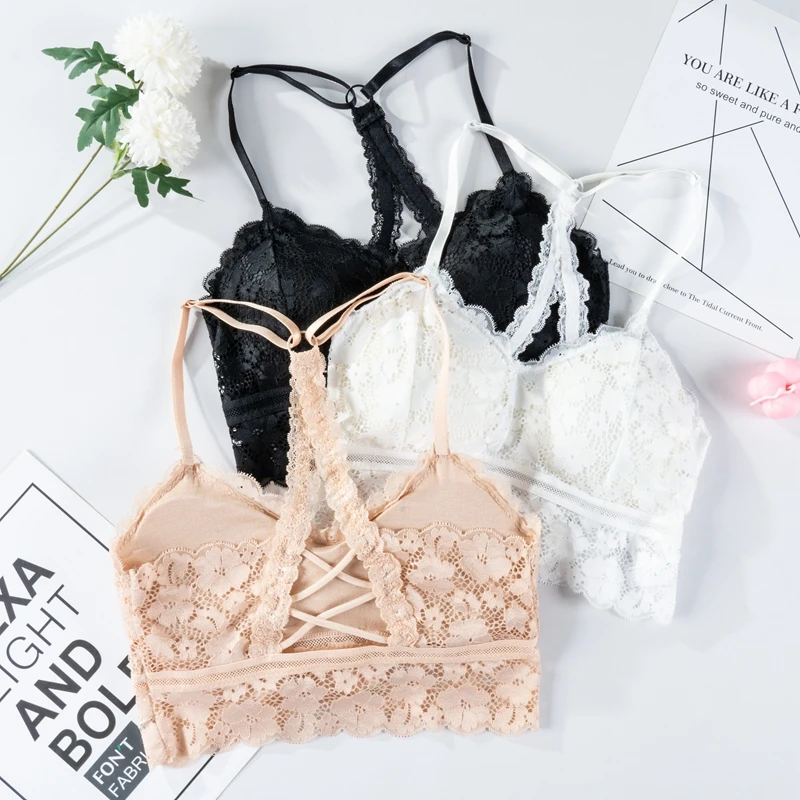 Women Hollow Out Bralette Solid Color Beauty Back Lace Underwear Sexy Vest Female Seamless Lingerie Add pad Wireless Bra