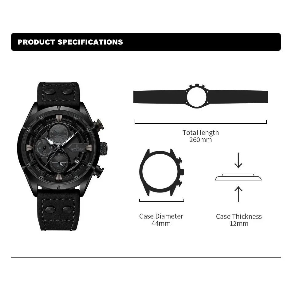 NAVIFORCE 2024 Men Watch Waterproof Genuine Leather Strap Military Sport 1/10 Second Chronograph Date Quartz Wristwatch