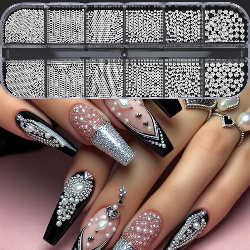12Grids Mini Caviar Beads Nail Art Decorations Metal Micro Ball Nail Charms Magnetic Pen Ball DIY Nail Art Jewelry 0.8~3mm