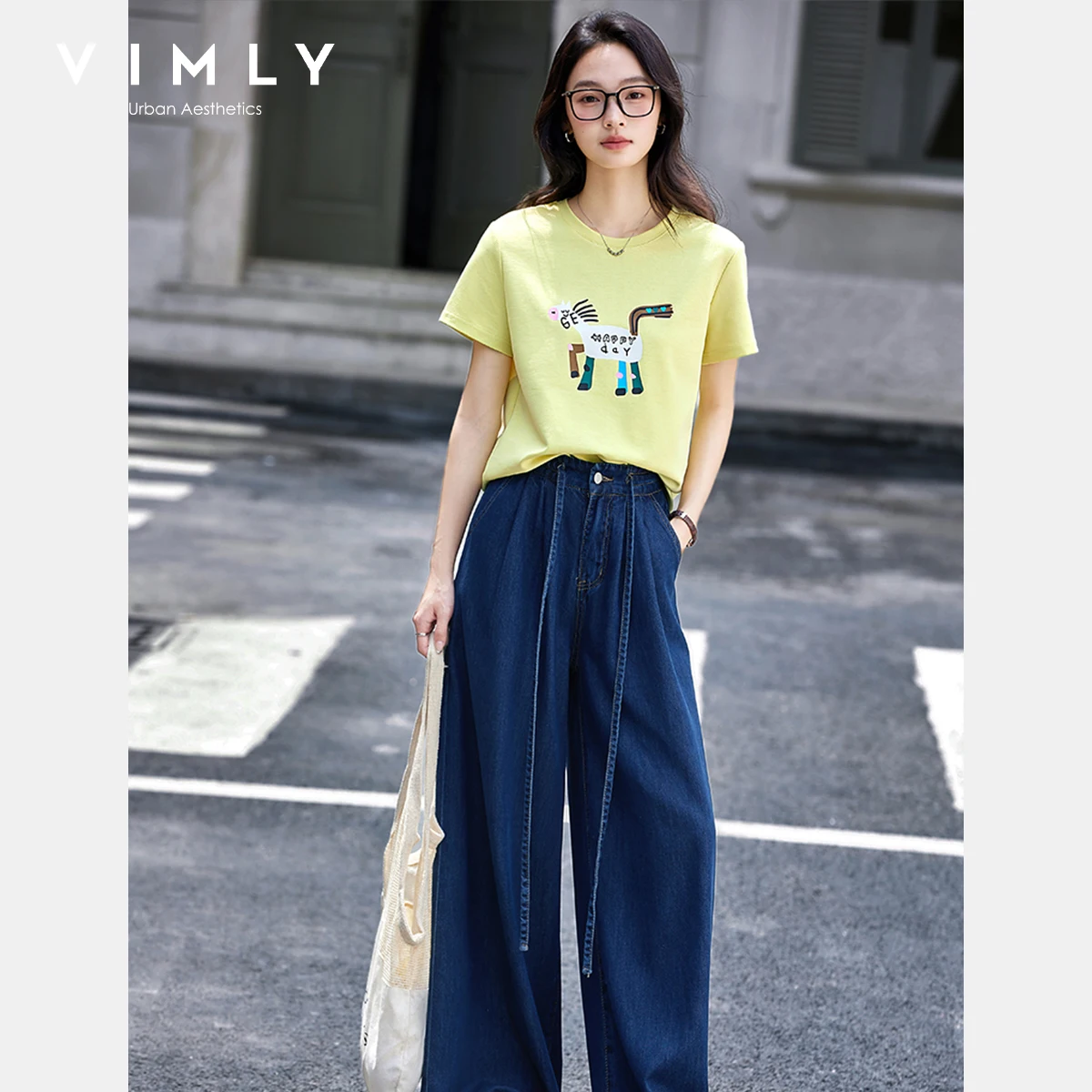 VIMLY Cartoon Printed T-shirt Women's Summer 2025 Casual Knitted Yellow Cartoon Crew Neck Woman Short Sleeve Ladies Tops  A1881