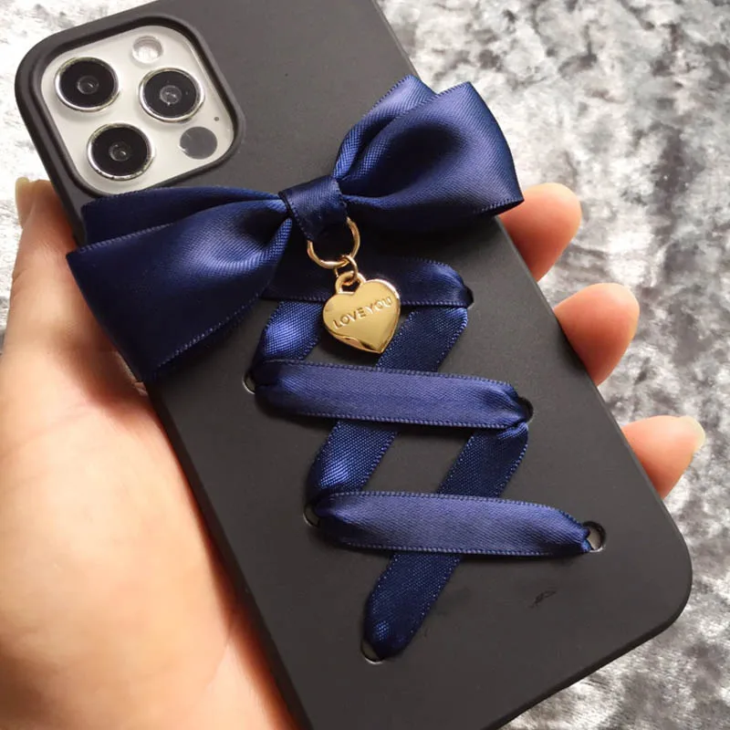Harajuku Y2k لوليتا فتاة ثلاثية الأبعاد الشريط Bowknot جراب هاتف آيفون 16 15 برو ماكس X XS XR غالاكسي أسود لامع غطاء ناعم #5