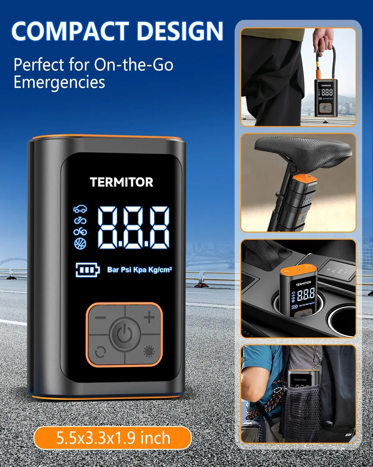 نافخة ضاغط هواء محمول 150 رطل لكل بوصة مربعة مضخة هواء لاسلكية مع مقياس ضغط رقمي، ضوء LED للطوارئ #5