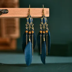 Bohemian Ethnic Feather Earrings For Women Long Tassel Beads Handmade Drop Dangle Earrings Girl Fashion Wedding Jewelry Gift