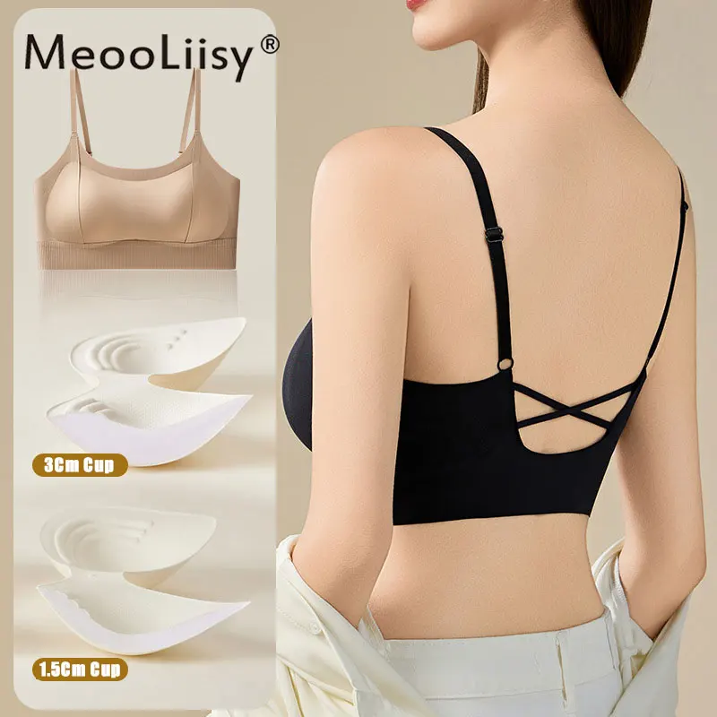 

MeooLiisy Ice Silk No Show Beauty Back Cross Vest-Wrapped Thickened Chest Pad Fixed Cup Lingerie Bra Underwear