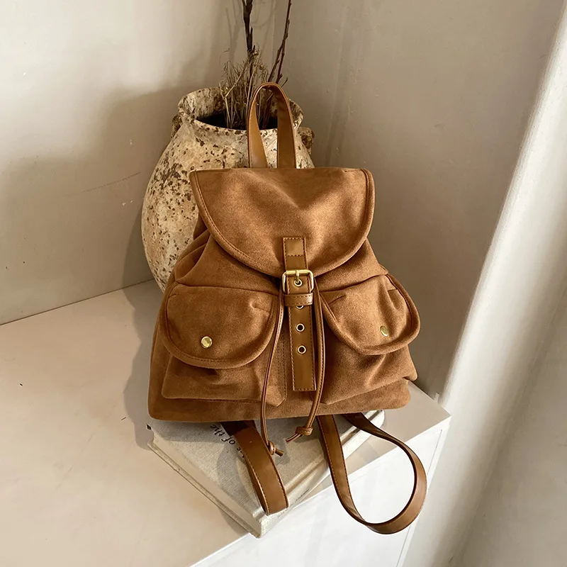 Korean Fashion Suede Backpack Women Autumn New Large Capacity Brown Retro Backpack Travel Bag Single Shoulder Crossbody Bag