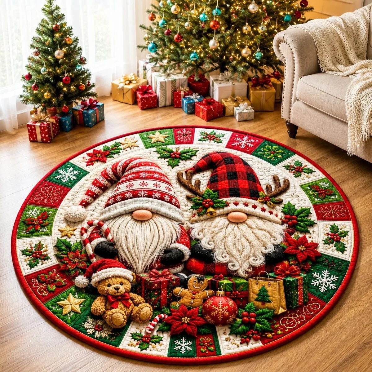 VIKAMA Christmas Town Village Snow Scene Round Rug Soft Flannel Non-Slip Bedroom Bedside Living Room Christmas Carpet Cozy Home