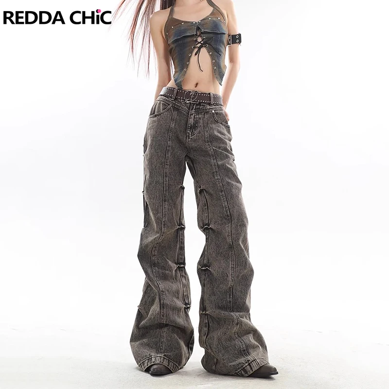 

ReddaChic Y2k Low Waist Stacked Bootcut Pants for Women Do Old Retro Gray Wash Loose Casual Flare Jeans 90s Hip Hop Streetwear