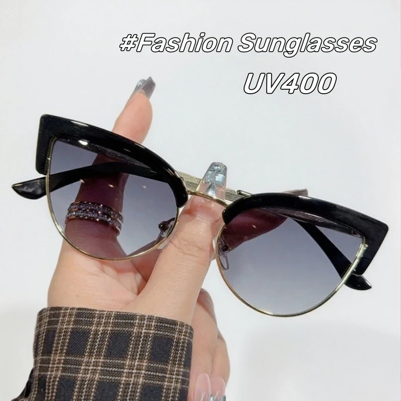

2025 Fashion Metal Half-Frame Sunglasses for Women Retro Cat-Eye Brand Designer Sun Glasses UV400 Shades Eyewear Men Goggles