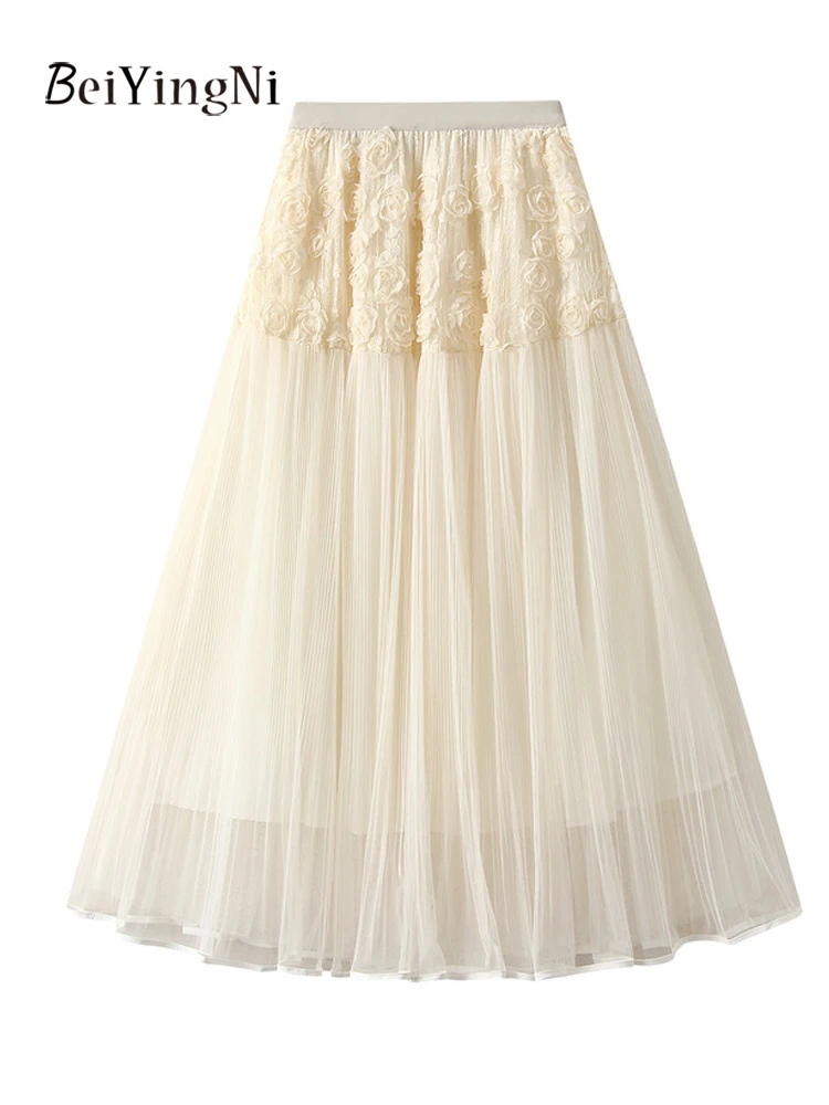 

Beiyingni French Elegant Women Mesh Skirts Solid Color Korean 3D Flowers Mid-Length A-line Umbrella Skirt Female Apricot Faldas