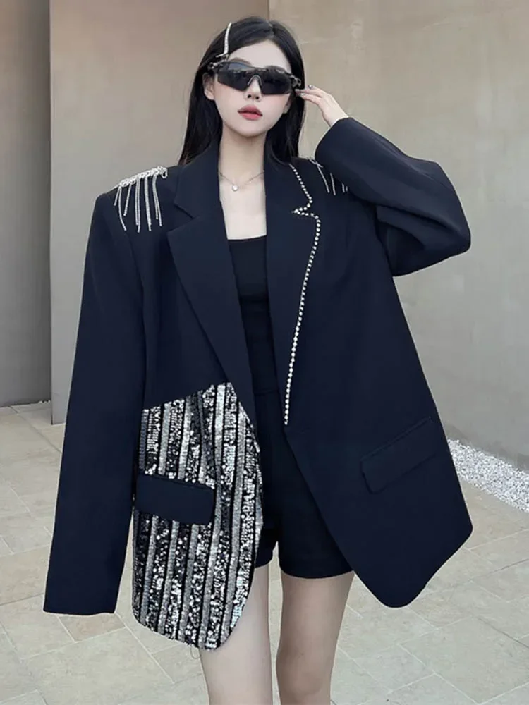 XITAO Fashion Solid Color Casual Single Button Coat Loose Fit Full Sleeve Sequined Black Series Jesienna marynarka damska ZYY1048