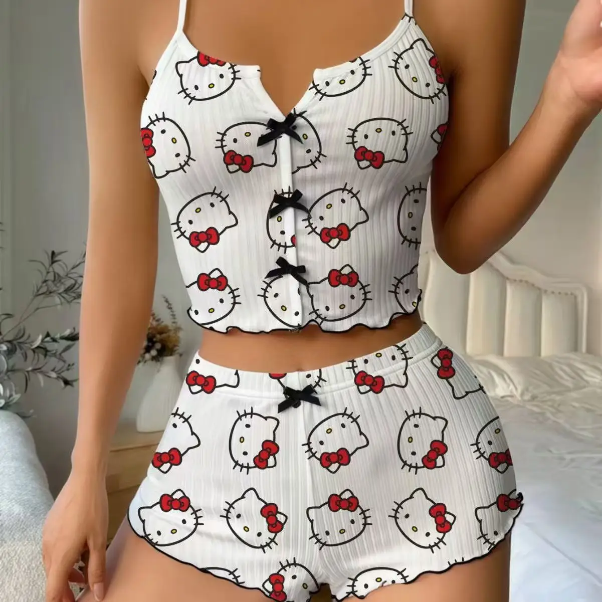 

Сексуальная пижама Sanrio Hello Kitty для женщин, шорты, пижама без рукавов, летняя пижама, кавайное нижнее белье, ночная рубашка с бретельками, домашняя одежда, новинка