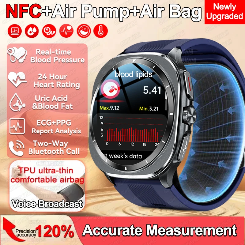 

New Air pump Airbag SmartWatch Blood Lipids Intelligent ECG Blood Pressure Broadcast NFC Health Bluetooth Call Smart Watches Man