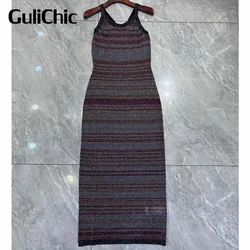 5.13 GuliChic Women High Quality Elegant Sheath Straps Dress Shiny Metallic U-Neck Sleeveless Slim Striped Knit Dresses Ladies