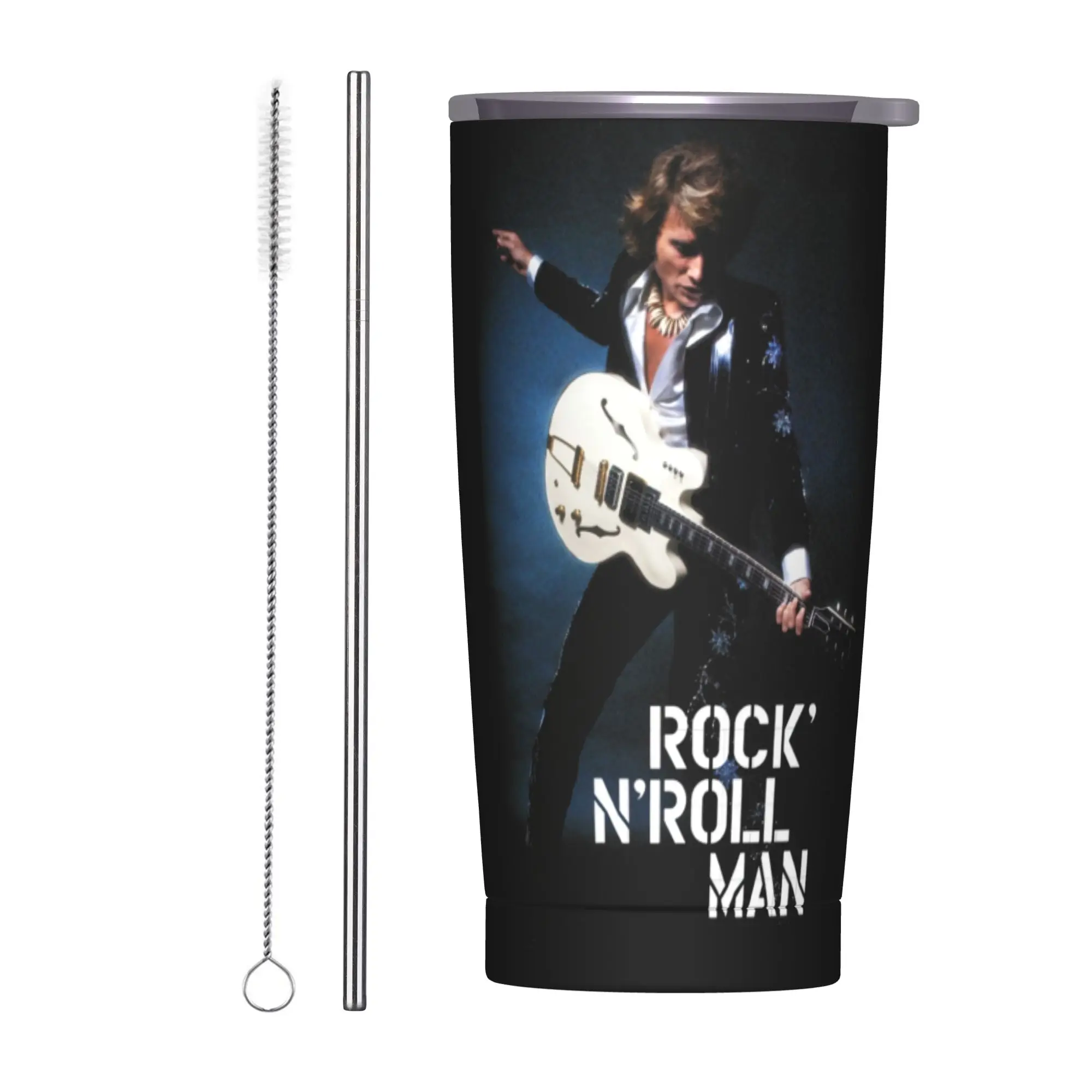 ROCK N ROLL MAN Tumbler Vacuum Insulated Johnny Hallyday Coffee Cups with Lid Straw Smoothie Tea Mug Water Bottle, 20oz