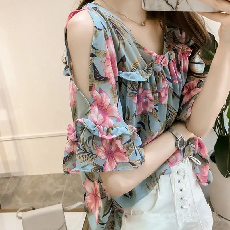 Fashion Off Shoulder Printed V-Neck Spliced Flare Sleeve Loose Chiffon Blouse Summer Casual Tops Oversized Commute Women\'s Shirt