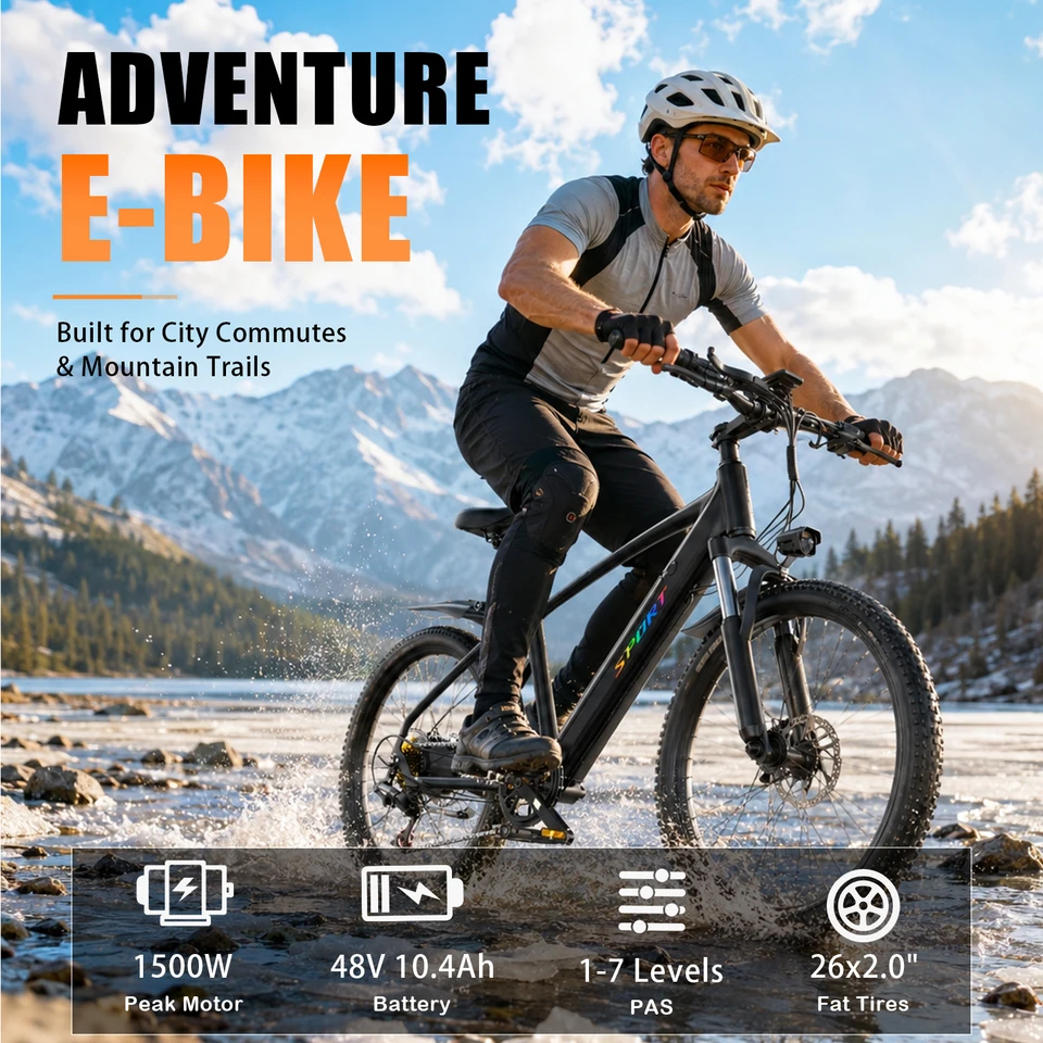 ASKGO Electric Bike for Adults, 1500W Peak Motor, 26" Tires All-Terrain Electric Mountain Bike with 48V 10.4Ah Removable Battery, Up to 55 Miles Long Range, 7-Speed Gearshift for Commute, UL2849 Certified image 1