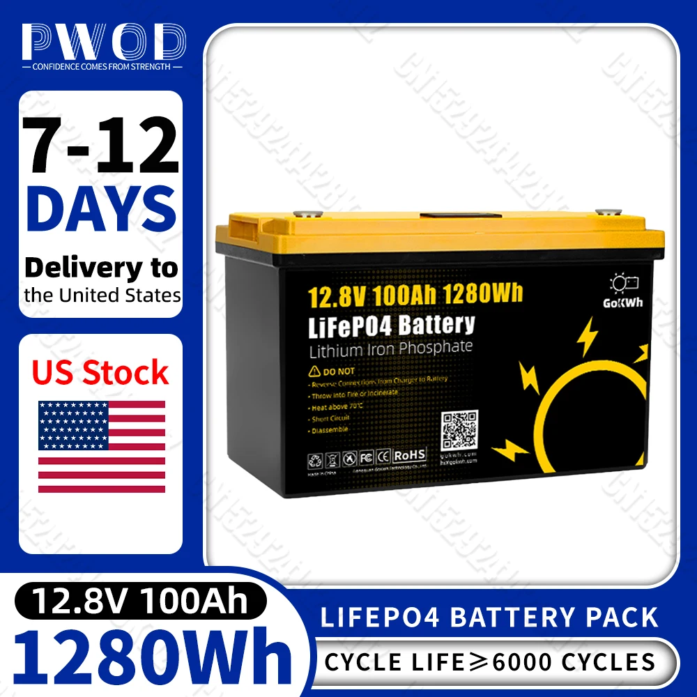 US Stock GoKWh 12V LiFePO4 Battery Pack 100AH  with BMS  LCD 100% Capacity Cell 4000+ Cycles For RV EV Camping Home System