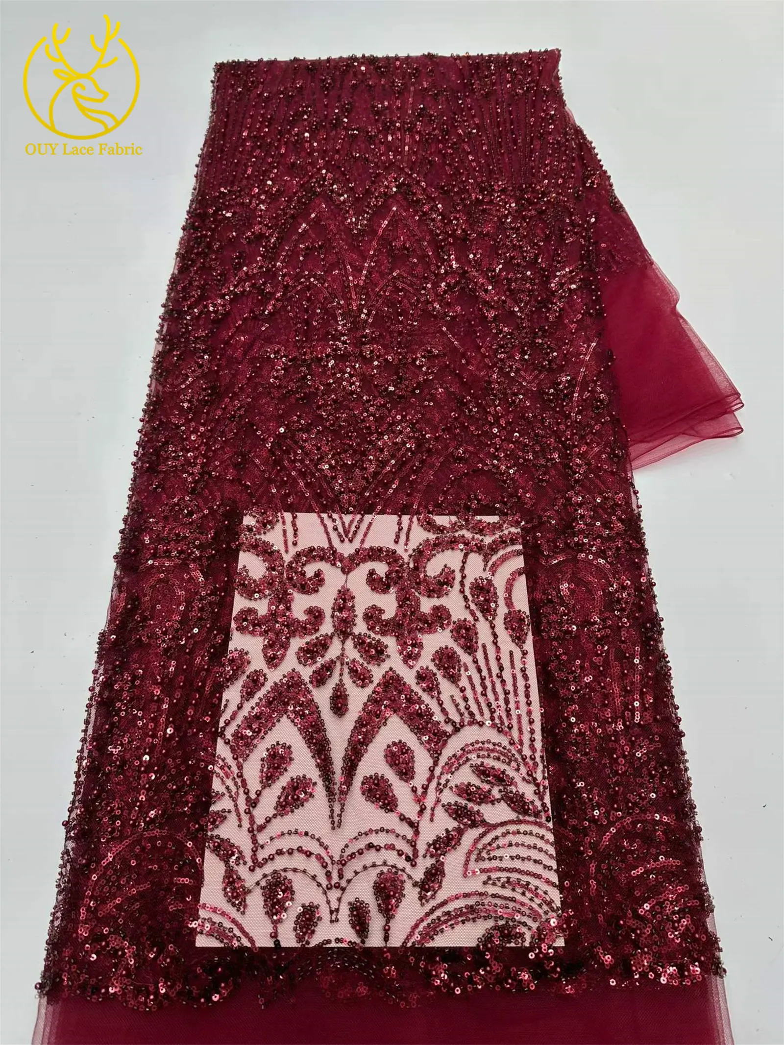 Goldener Luxus-Spitzenstoff mit Perlen und Pailletten, 5 Yards, afrikanischer Spitzenstoff, hochwertiger nigerianischer Netzspitzenstoff für Partykleider und Näharbeiten – Detail 9