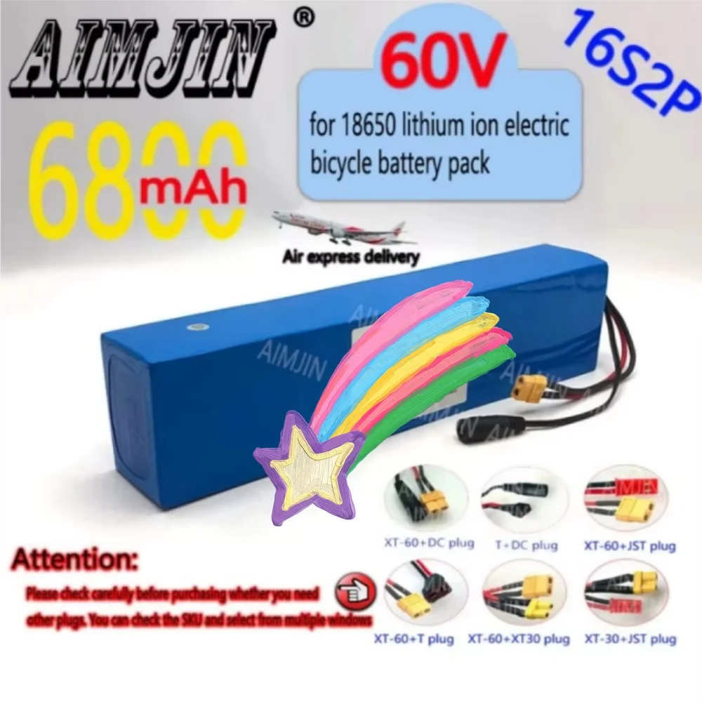 60V 16S2P 6.8Ah 18650 Lithium-Ion Battery Pack for Scooter 6800mAh High Energy Density with 1000W Built-in BMS